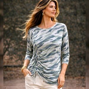 NWT Cato Plus 18 20W Camo Ruched Tie Front Long Sleeve Top Green Gray Stretch
